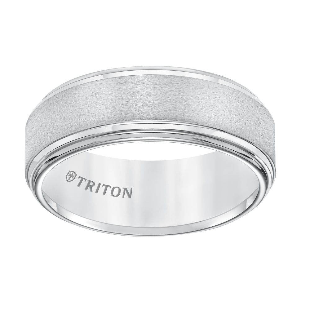 8mm White Tungsten Band W/ A Double Stepped Edge & Satin Center W/Bright Edges