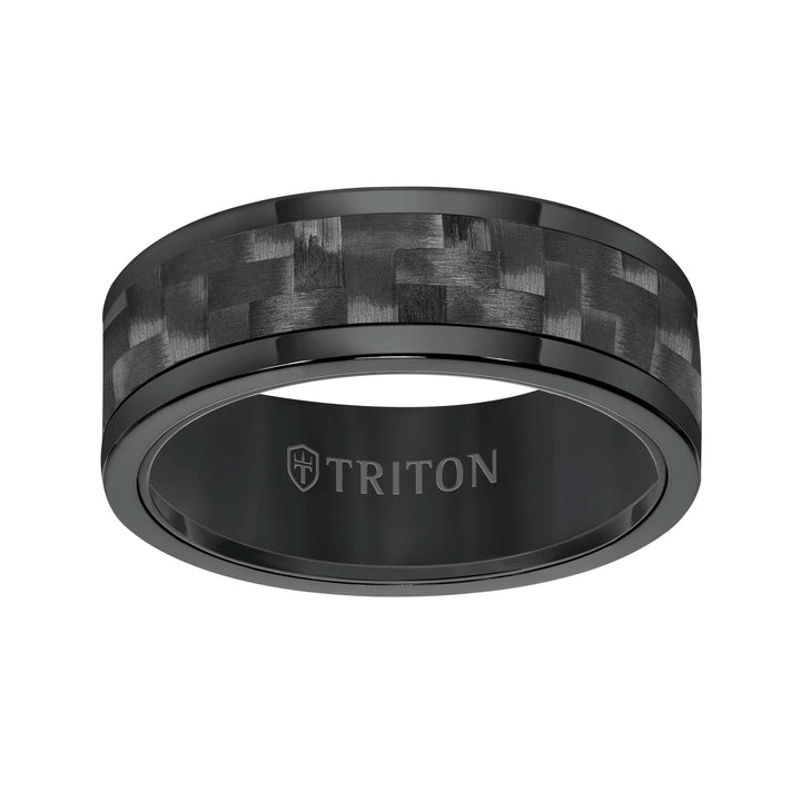 8MM Comfort Fit Black Tungsten Carbide with Black 3K Carbon Fiber Insert Center & Bright Rims
