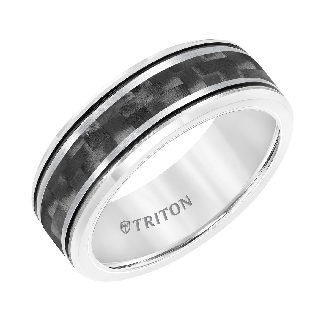 8MM Tungsten Carbide Band with Carbon Fiber Insert, Electric Blue Stripes and Beveled Edge