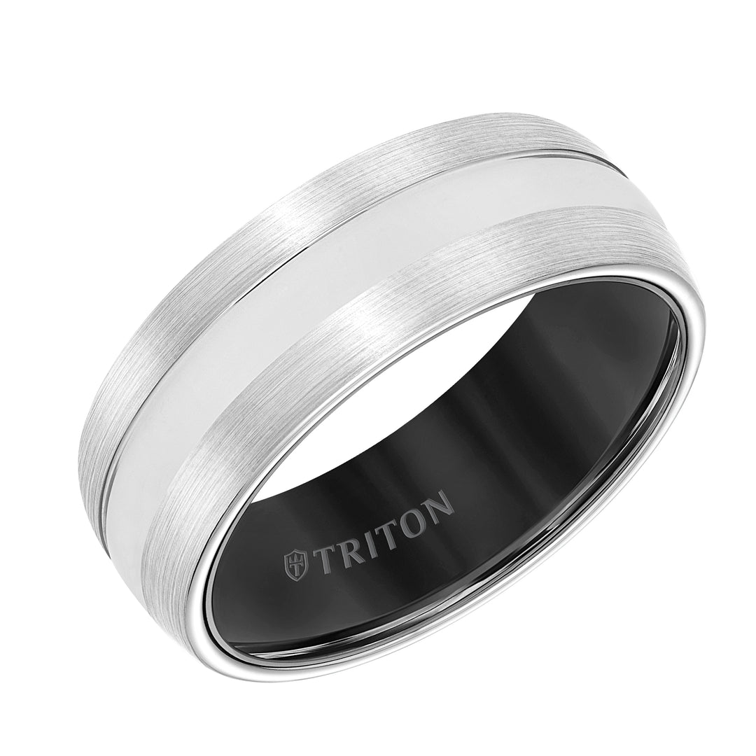 8MM White Tungsten Carbide Band with Black Interior, Satin Finish and Bright Center