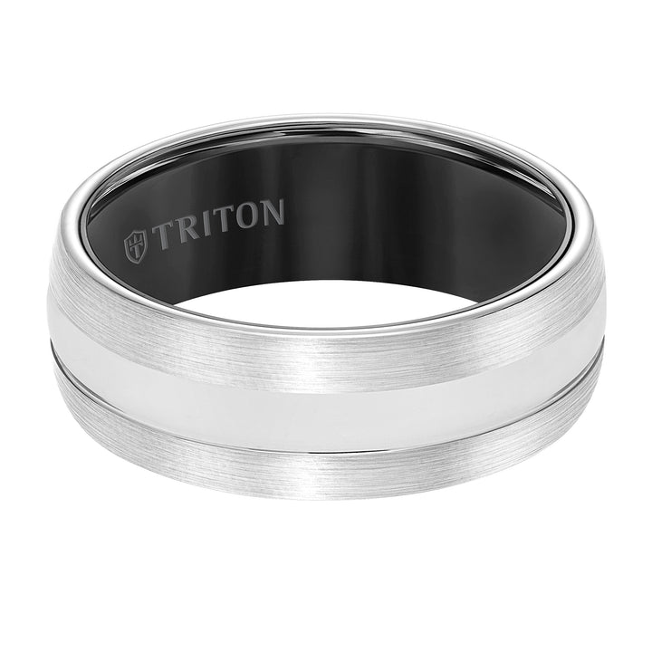 8MM Black Tungsten Carbide Band with White Interior, Satin Finish & Bright Center