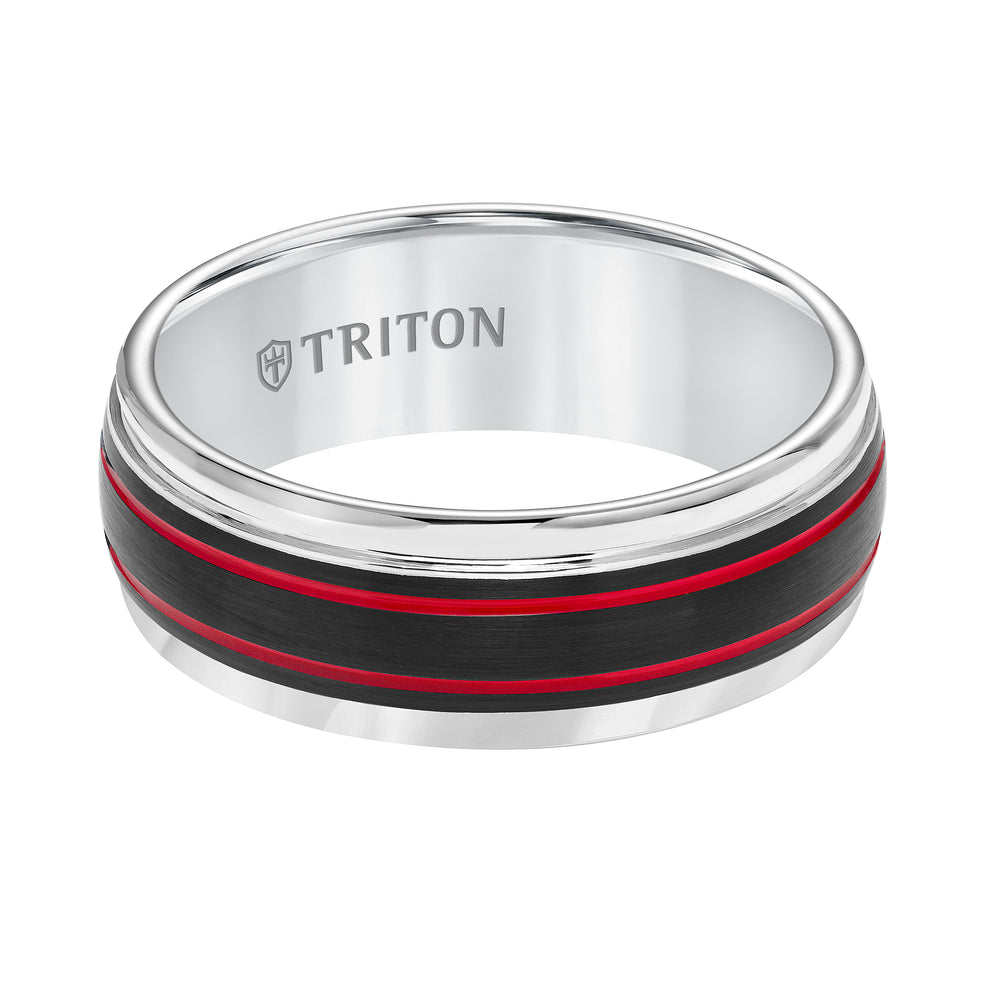 Tungsten Carbide Comfort Fit Mens White Band with Black Matte Center with Fire Red Stripes and Bright Round Rims