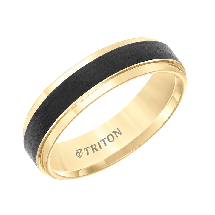 Tungsten Carbide Comfort Fit Two Tone Mens Band with Black Crystalline Finish Center and Yellow Step Edge