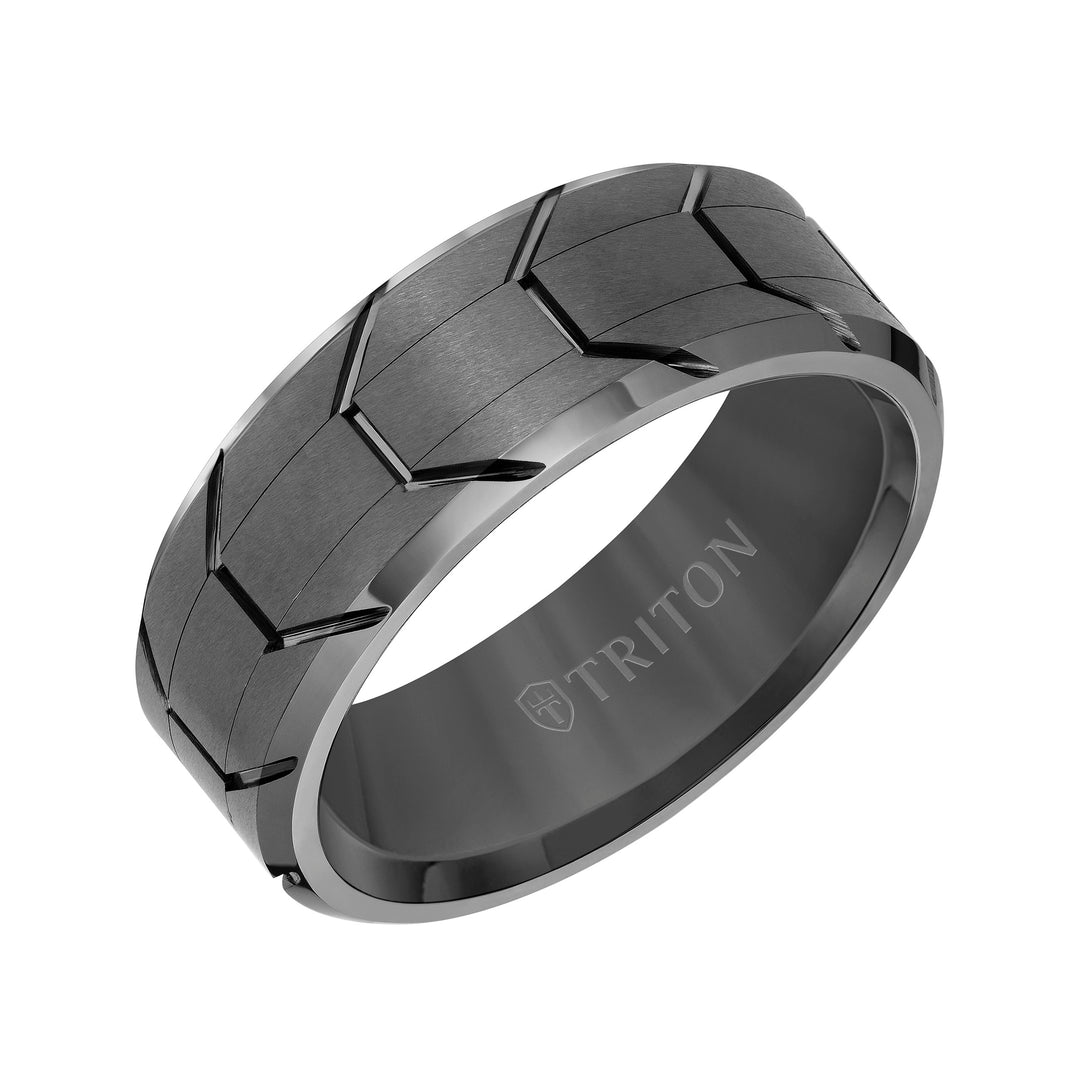 8MM Tungsten Carbide Ring - Gunmetal Tire Thread Center and Bevel Edge