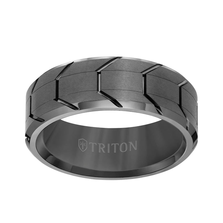 8MM Tungsten Carbide Ring - Gunmetal Tire Thread Center and Bevel Edge