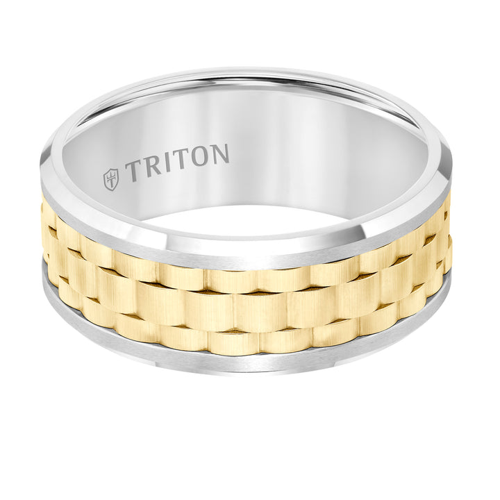 9MM White Tungsten Carbide Flat Comfort Fit Band with Yellow Basket Weave Center and Flat Rims