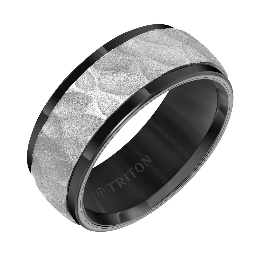 9MM Tungsten Carbide Comfort Fit Mens Black Band with White Sand Blasted Textured Center with Flat Profile and Polished Rims