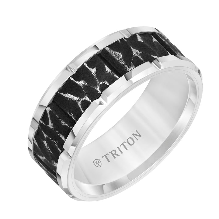 9MM Tungsten Carbide Comfort Fit Mens White Band with Black Sand Blasted Textured Center with Flat Profile and Bright Cut Rims