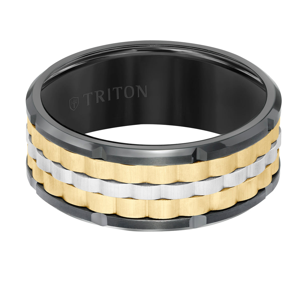 9MM Tungsten Carbide Ring - Basketweave Center & Bevel Edge