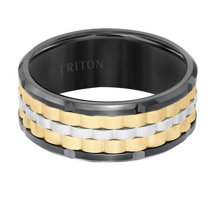9MM Tungsten Carbide Ring - Basketweave Center & Bevel Edge