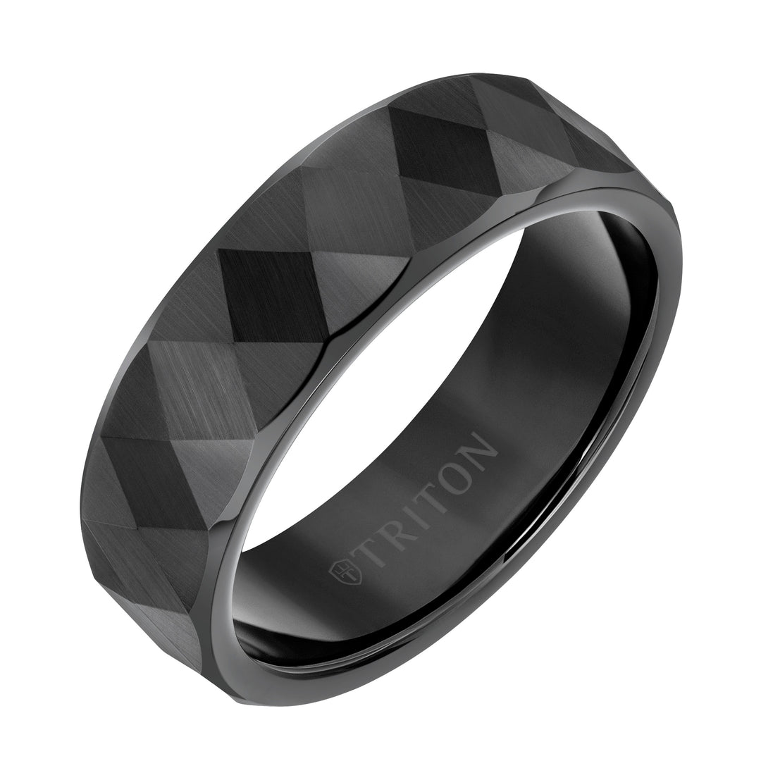 7mm White Tungsten Band with Faceted Diamond Pattern