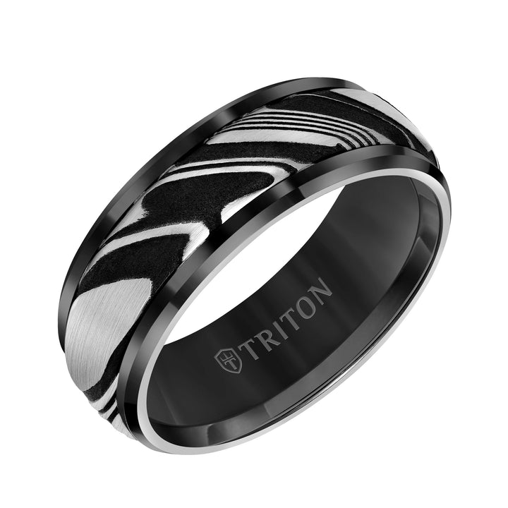 8MM Tungsten Carbide Ring - Damascus Steel with Bevel Edge