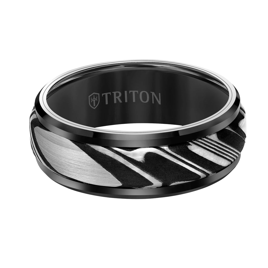 11-6047WC8-G.00 - Goldman - 8MM Tungsten Carbide Ring - Damascus Steel with Bevel Edge
