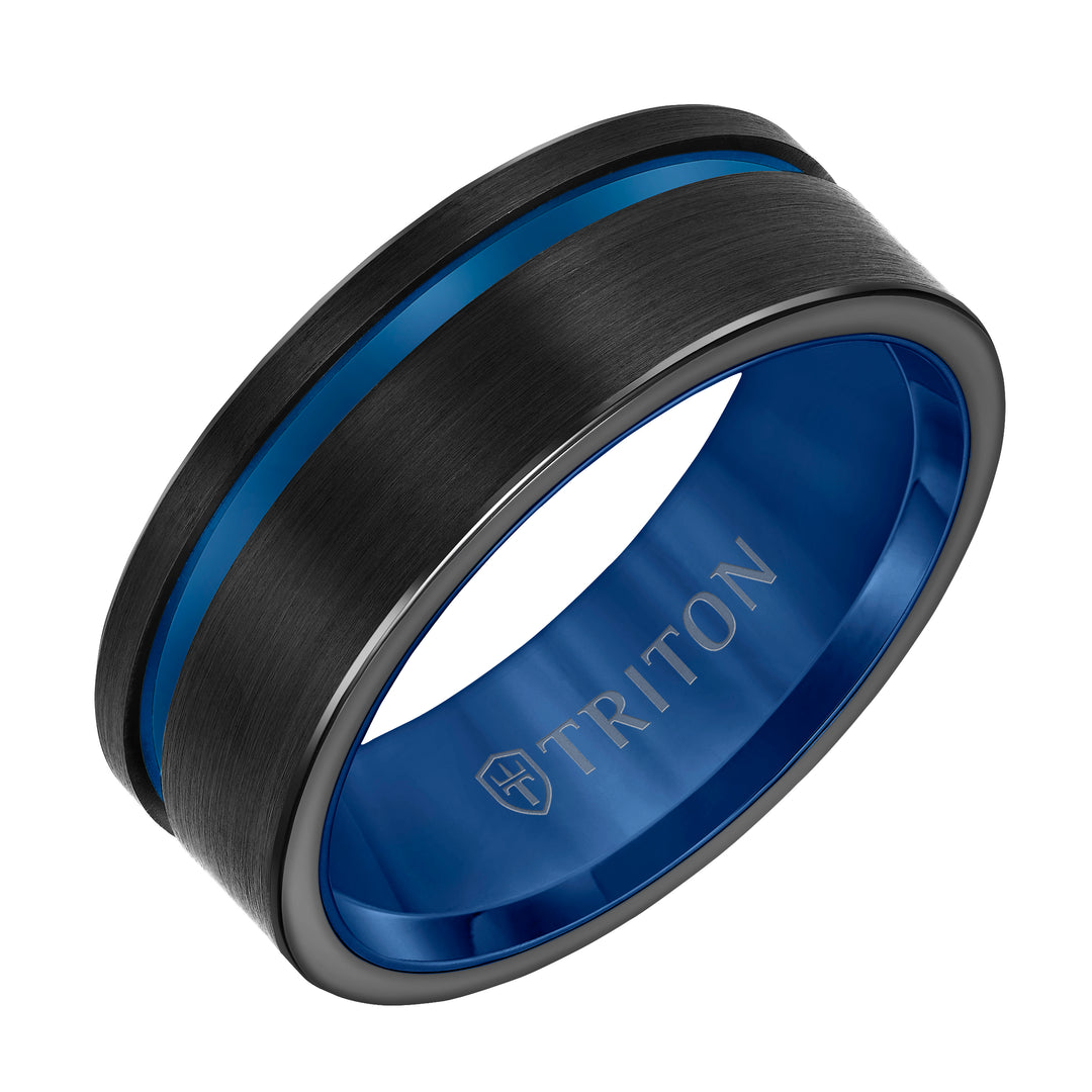 11-6059BBC8-G.00 - Goldman - 8mm Black Tungsten Carbide Ring with Satin Finish and Asymmetrical Blue Cut