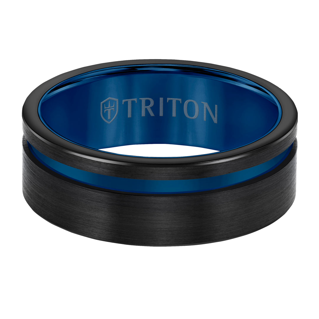 8mm Black Tungsten Carbide Ring with Satin Finish and Asymmetrical Blue Cut