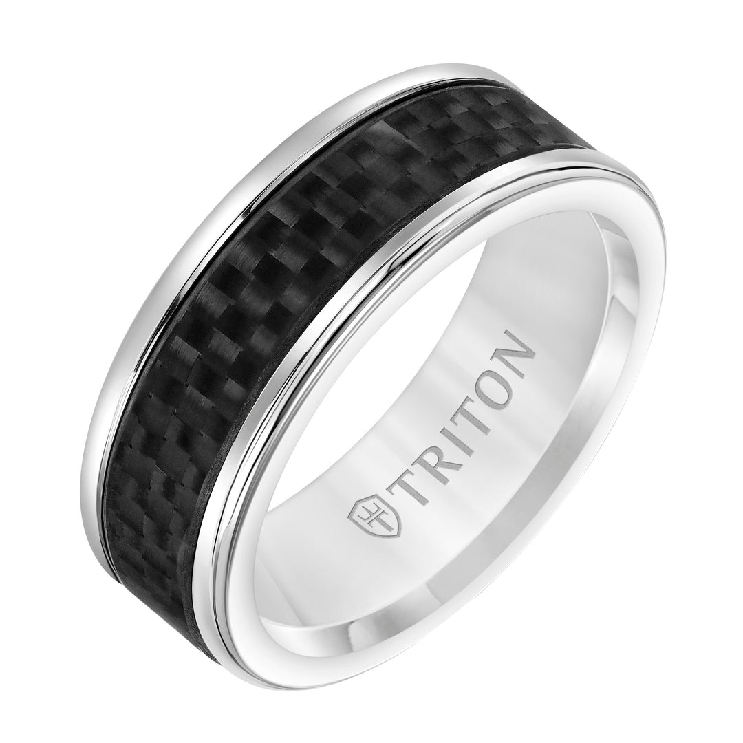 11-6075WCF8-G.00 - Goldman - 8mm White Tungsten Carbide Ring with Black Carbon Fiber Center and Round Edge