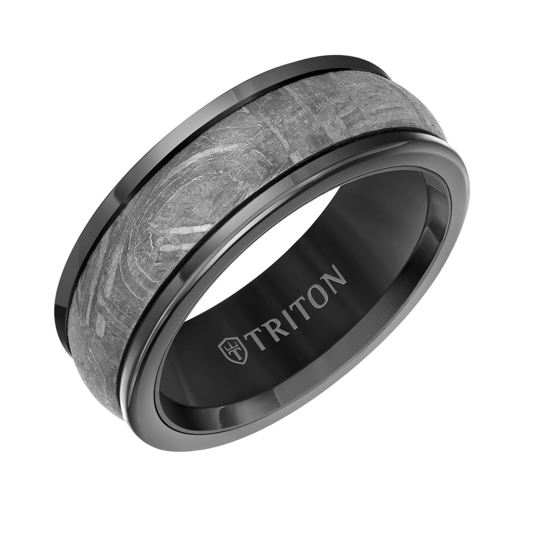 11-6082BCM8-G.00 - Goldman - 8MM Black Tungsten Carbide Base with Rd Rims/Meteorite Insert Engraved Band
