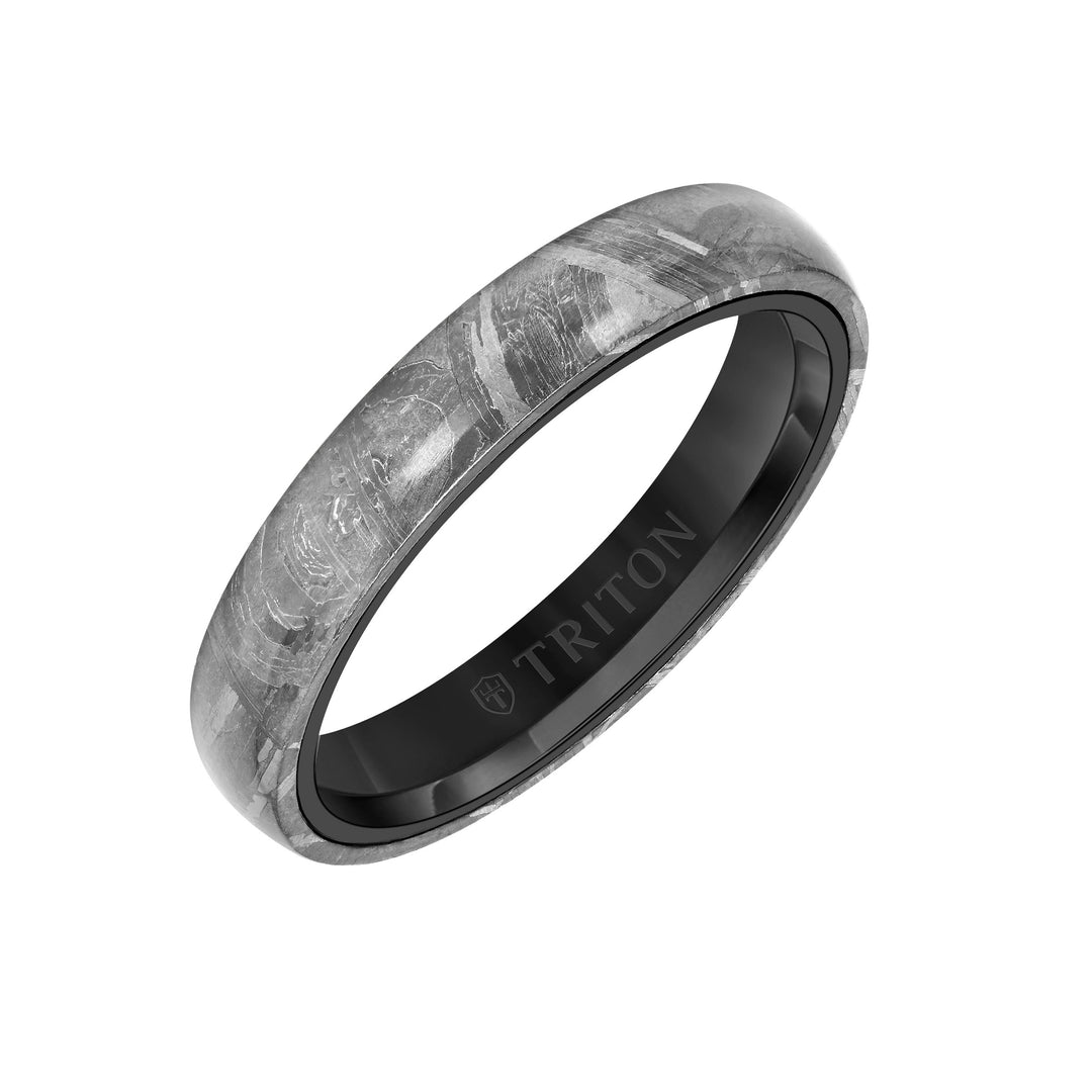 4MM Black Tungsten Carbide Ring - Meteorite Low Dome with Flat Edge