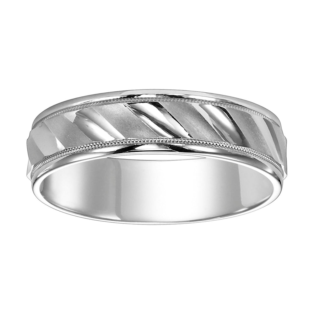 11-6144W-G.00 - Goldman - Mens wedding band with diagonal cuts, bright and  satin finish with milgrain accent and round edges with flat profile