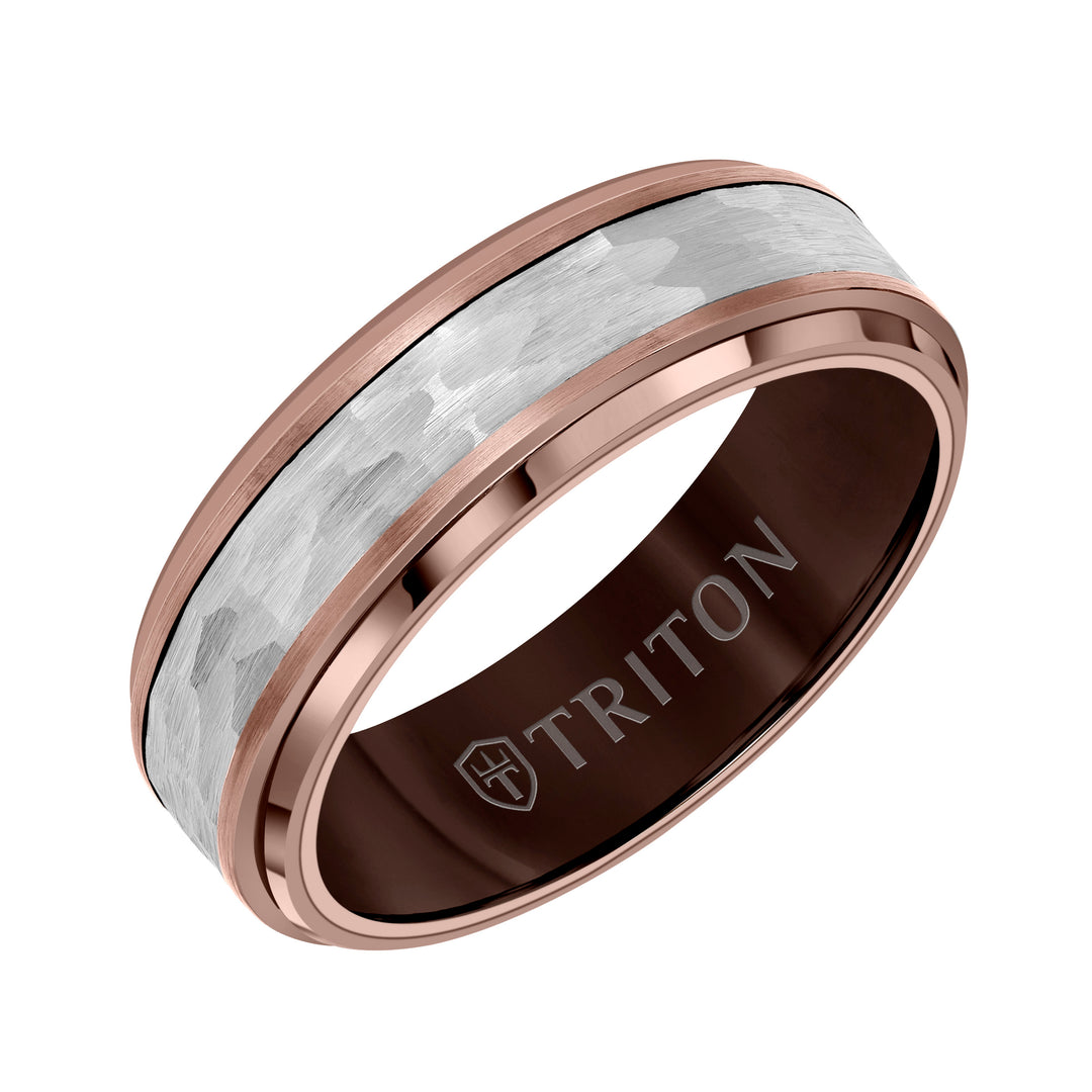 11-6162BRWC7-G.00 - Goldman - 7MM Espresso Tungsten Carbide Ring - Hammered Center and Step Edge