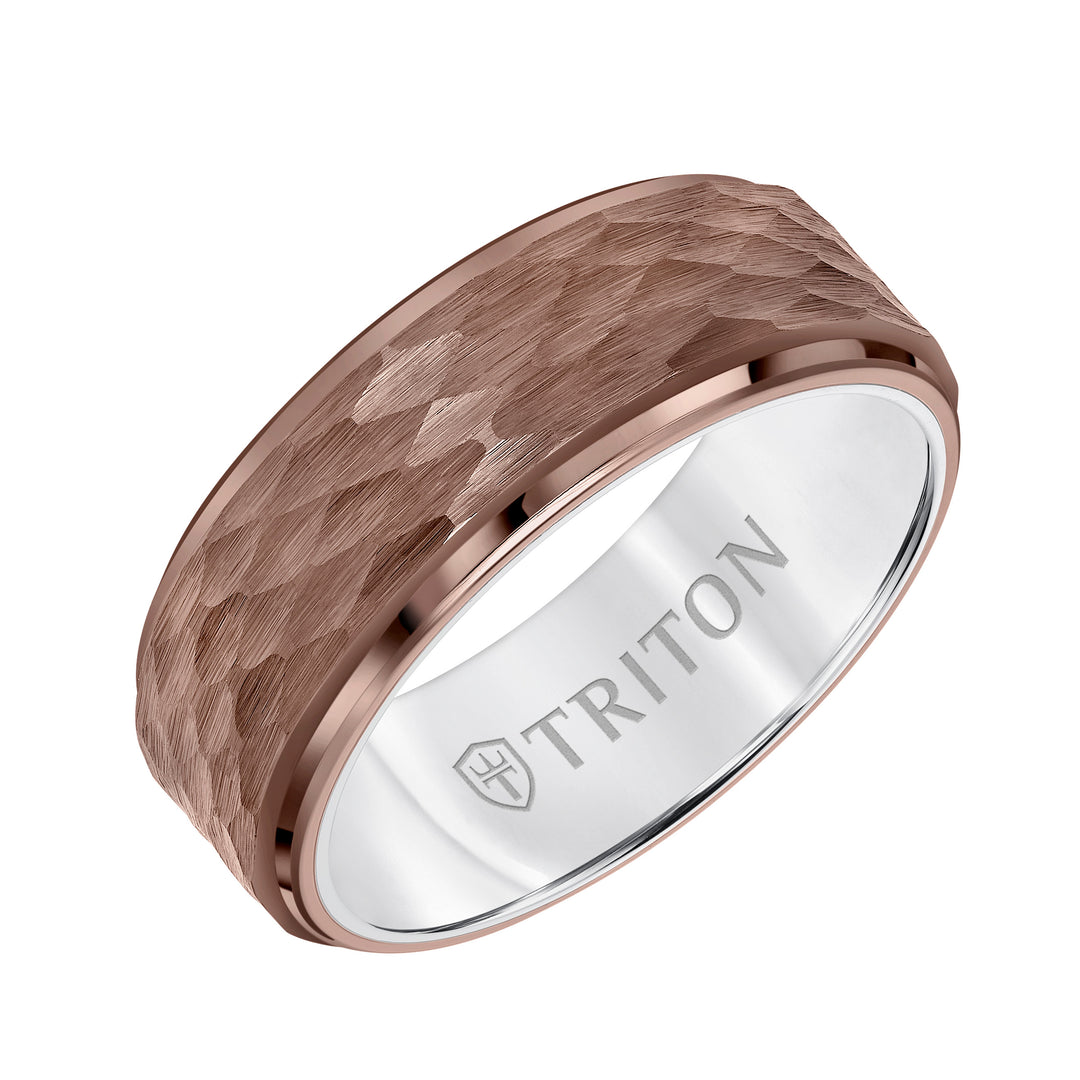 11-6163WBRC8-G.00 - Goldman - 8MM Espresso Tungsten Carbide Ring - Hammered Center and Step Edge