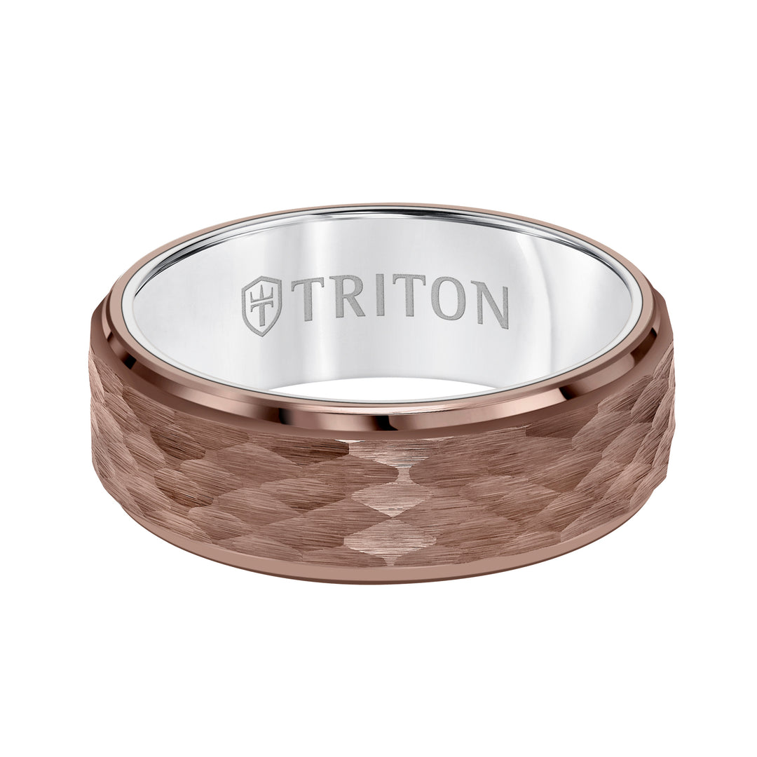 8MM Espresso Tungsten Carbide Ring - Hammered Center and Step Edge
