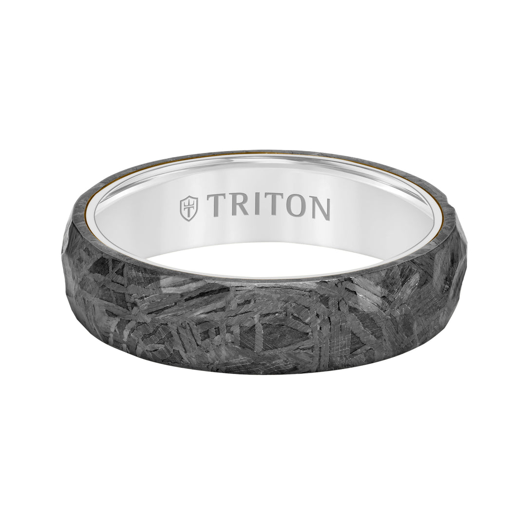 6MM Meteorite + 14K Gold Ring - Hammered Meteorite Edge to Edge with 14K Gold Interior