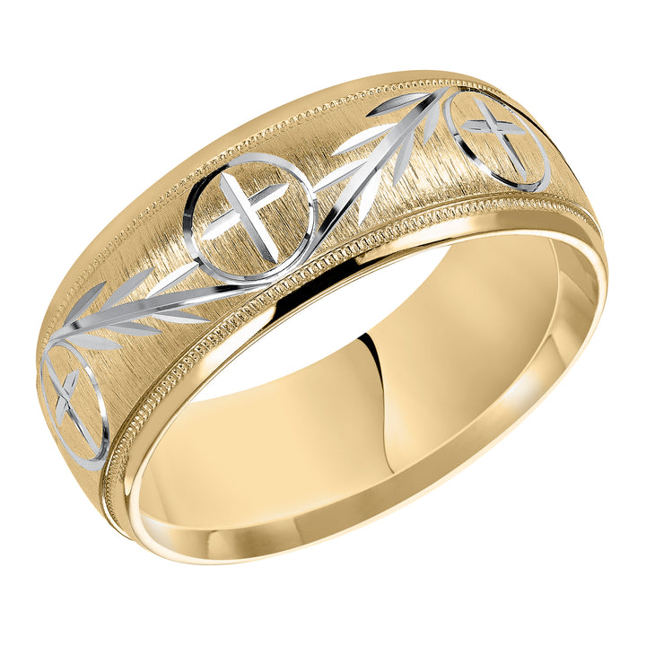 This finely crafted, two-tone gold, wedding band features an exquisite design, satin finish with milgrain and round edges