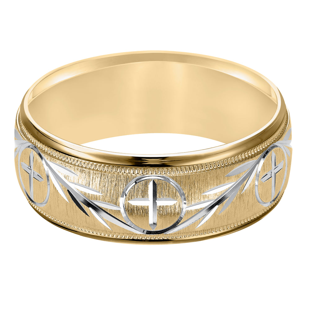 This finely crafted, two-tone gold, wedding band features an exquisite design, satin finish with milgrain and round edges