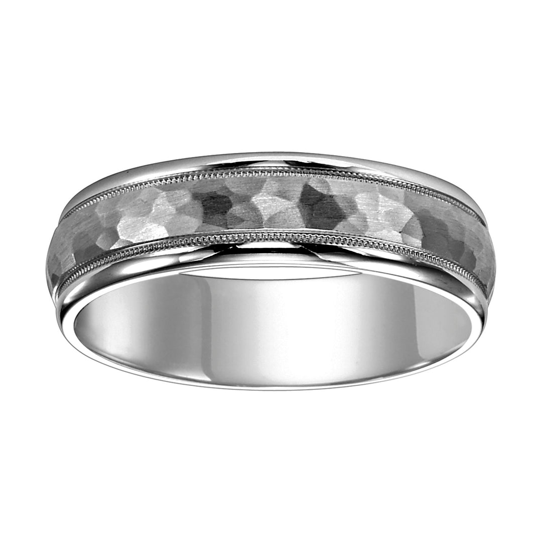 11-6867W6-G.00 - Goldman - This low domed Comfort Fit wed band features a brushd hammerd finish with milgrn and round edges to complete this luxurious yet classic look Pls note hand hammerd styles will have slight variations due to the nature of the 