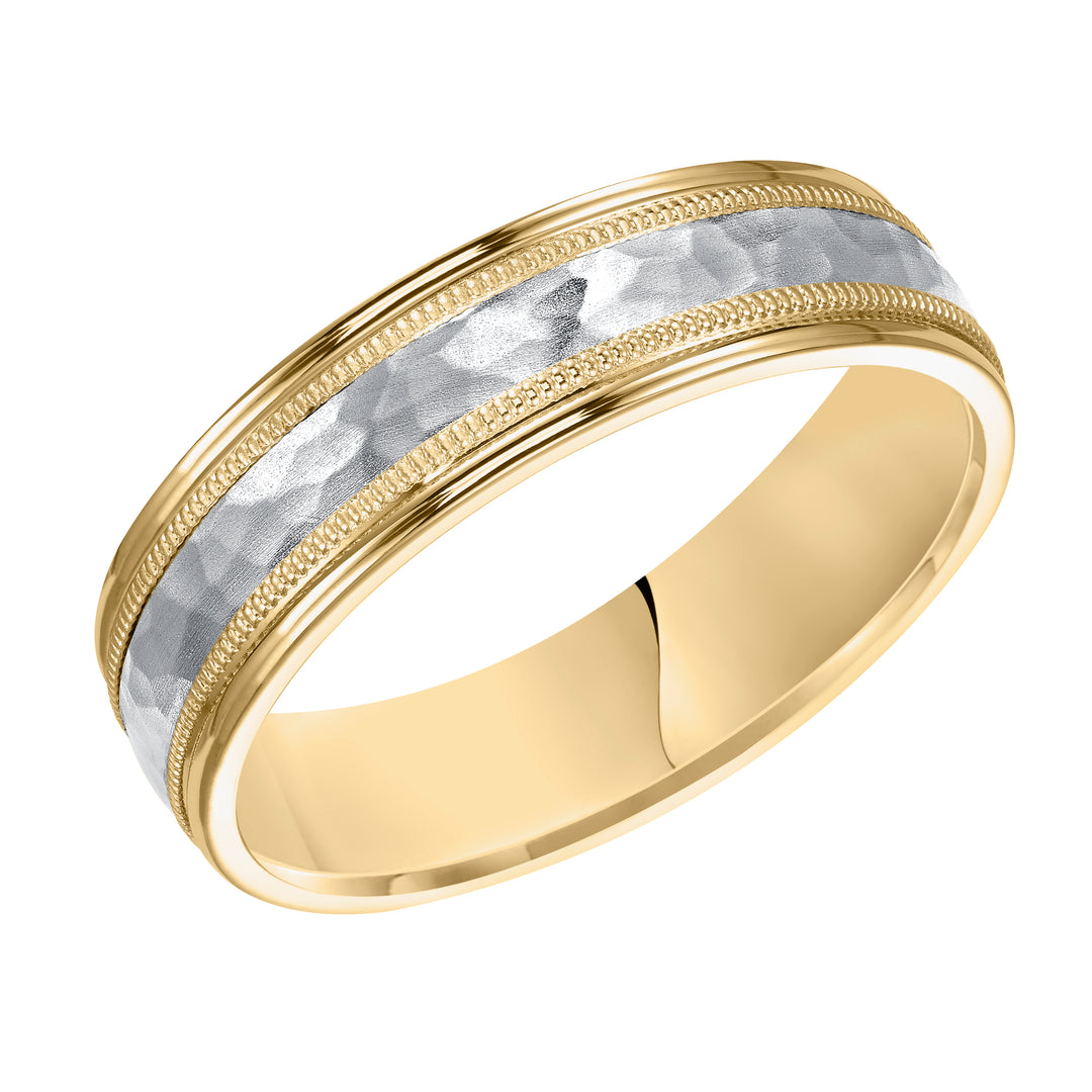 Comfort fit two tone wedding band with brushed hammered finish and milgrain Please note hand hammered styles will have slight variations due to the nature of the manufacturing process