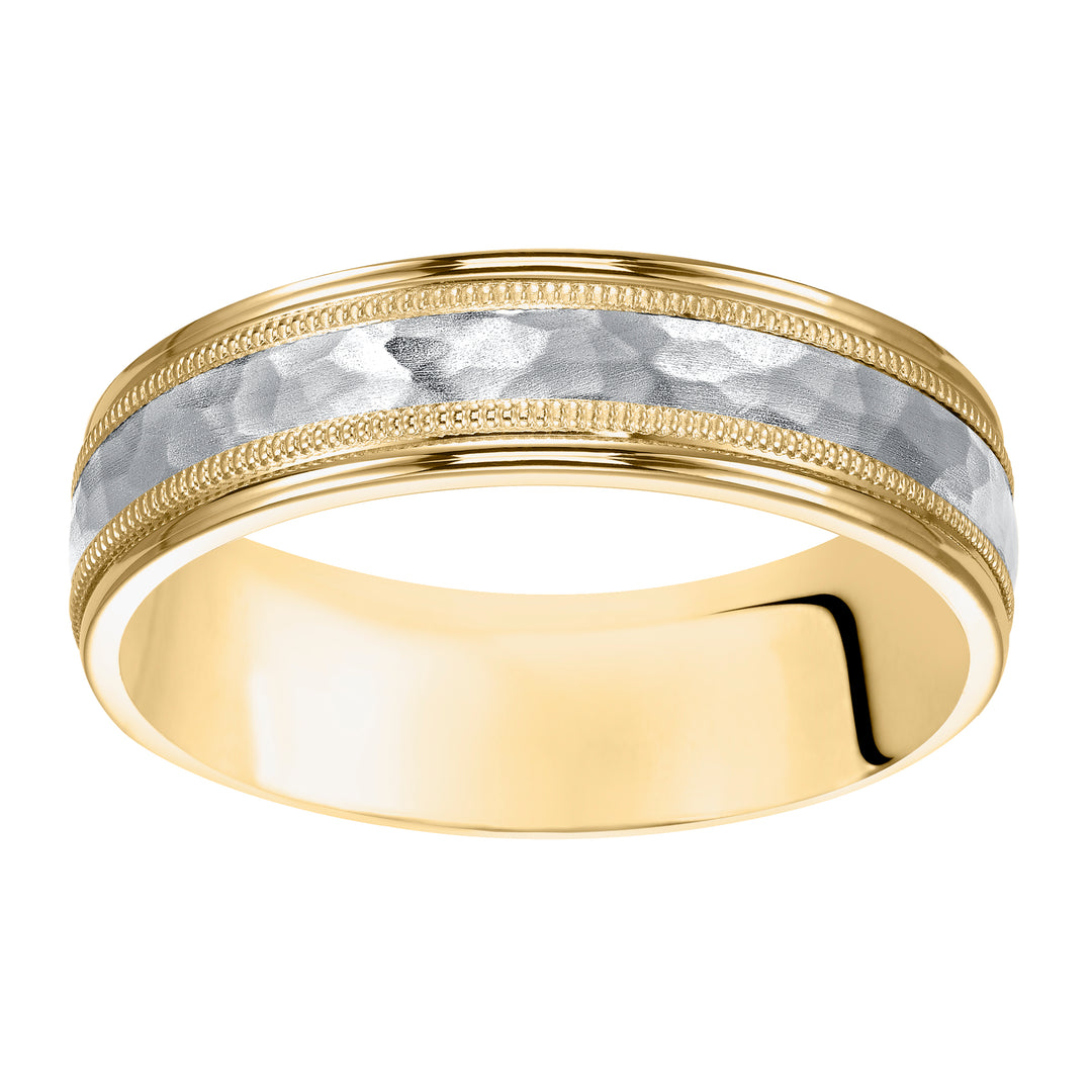 11-6974-G.00 - Goldman - Comfort fit two tone wedding band with brushed hammered finish and milgrain Please note hand hammered styles will have slight variations due to the nature of the manufacturing process