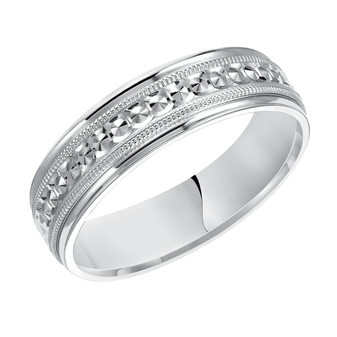 11-7164W6-G.00 - Goldman - This low-dome styled, Comfort Fit wedding band features an eye-catching design with a bright finish, milgrain and round edges