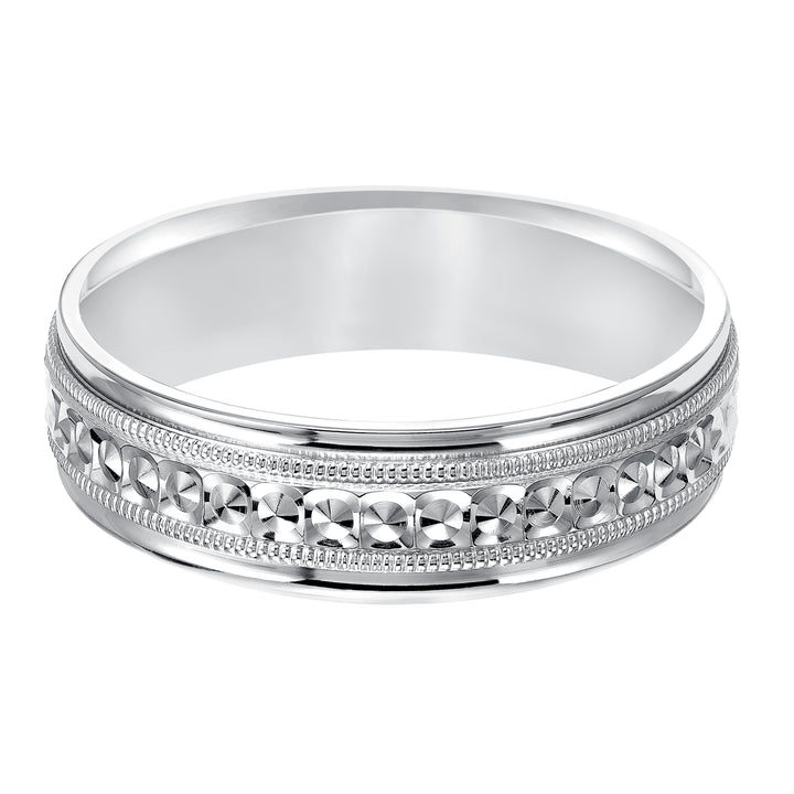 This low-dome styled, Comfort Fit wedding band features an eye-catching design with a bright finish, milgrain and round edges