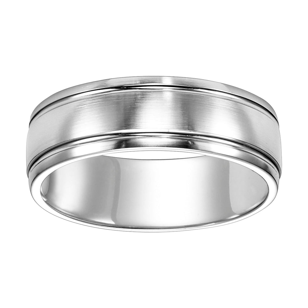 11-8136W-G.00 - Goldman - This low-domed style, Comfort Fit wedding band is enhanced with two bright, fine channel accents, a satin finish and round edges for a contemporary classic look