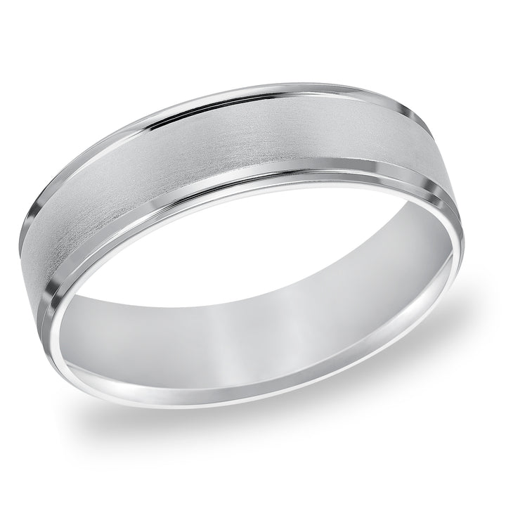 Comfort fit wedding band with brushed finish and beveled edges.