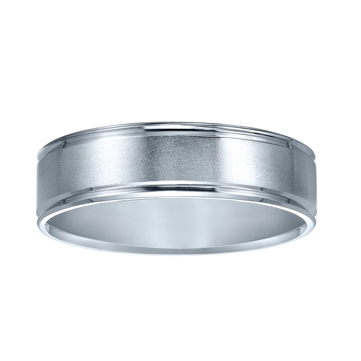 Comfort fit wedding band with brushed finish and beveled edges.
