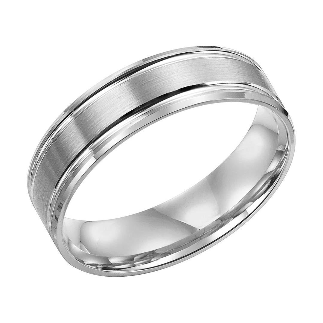 Featuring a , brushed finish  and a stepped edge, this Comfort Fit wedding band is simply luxurious