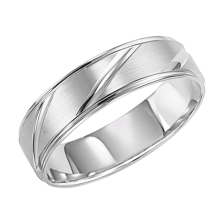 This Comfort Fit, wedding band features a flat, satin finish with modern, diagonal cuts and round edges for a unique look