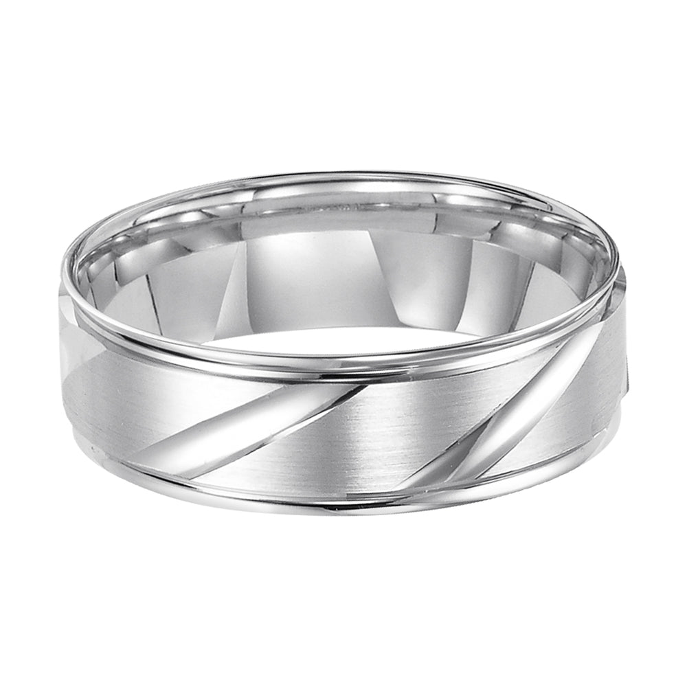 This Comfort Fit, wedding band features a flat, satin finish with modern, diagonal cuts and round edges for a unique look