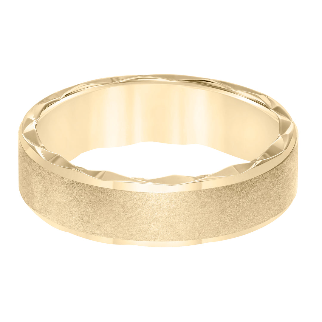 Mens wedding band with ultra satin finish bevel edge, side swiss cuts treatment and flat profile.