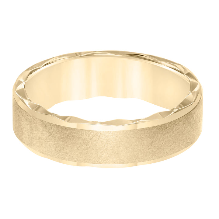 Mens wedding band with ultra satin finish bevel edge, side swiss cuts treatment and flat profile.