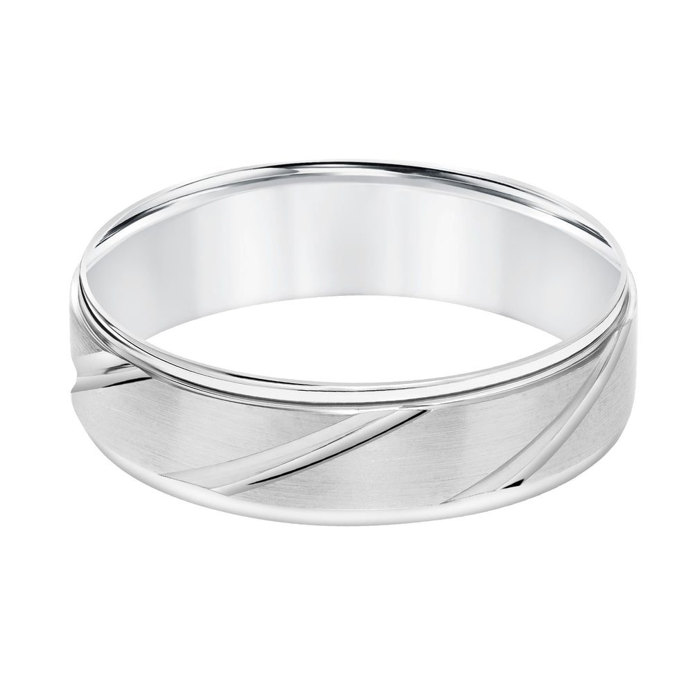 Mens Wedding Band with Brush Finish and Polished Diagional Cuts and Polished Round Edge