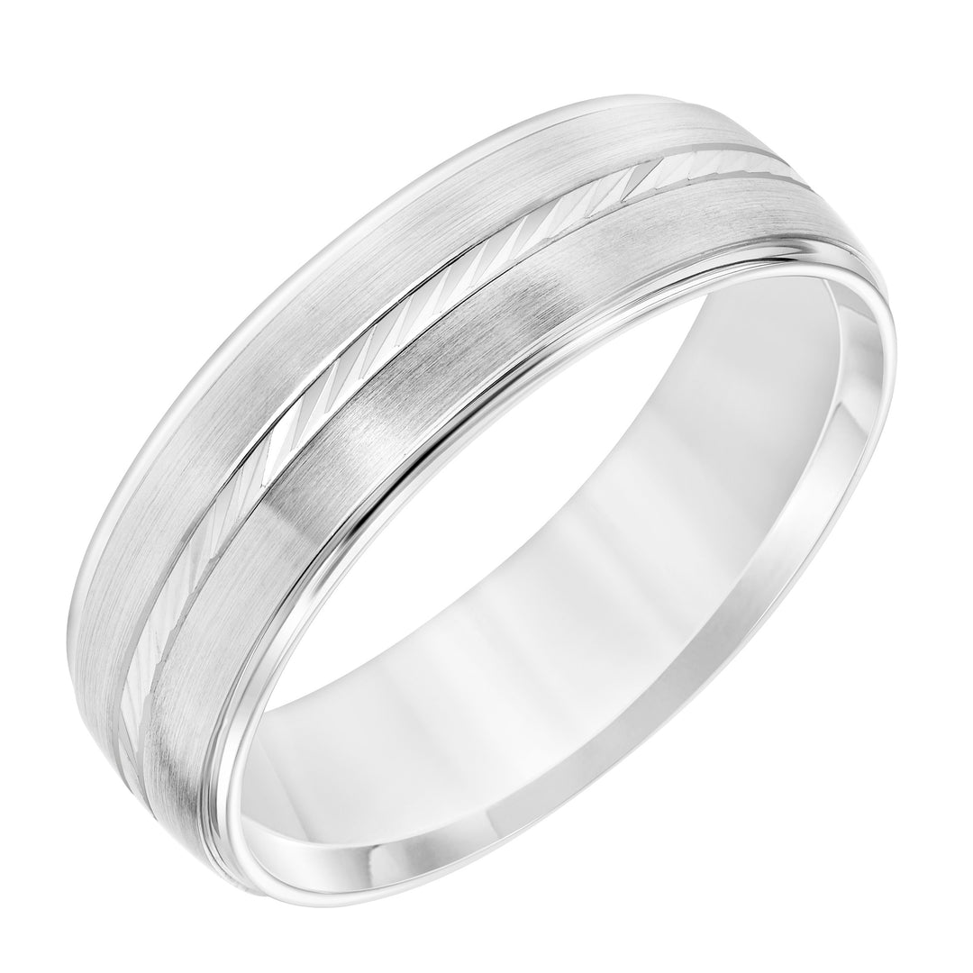 Mens Wedding Band with Brush Finish and Swiss Cut Center with Polished Round Edge