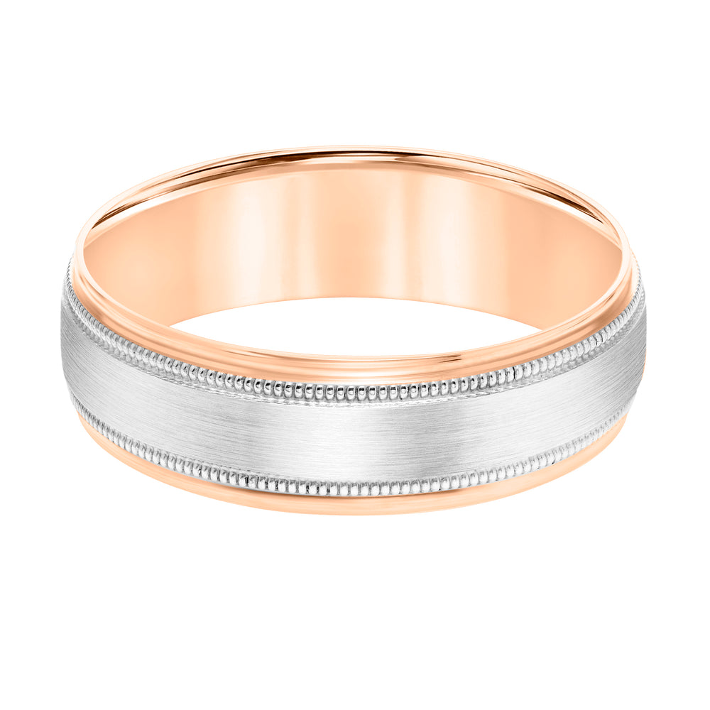 Mens Comfort Fit Wedding Band with Brush Center and Milgrain Accents and Polished Round Edge
