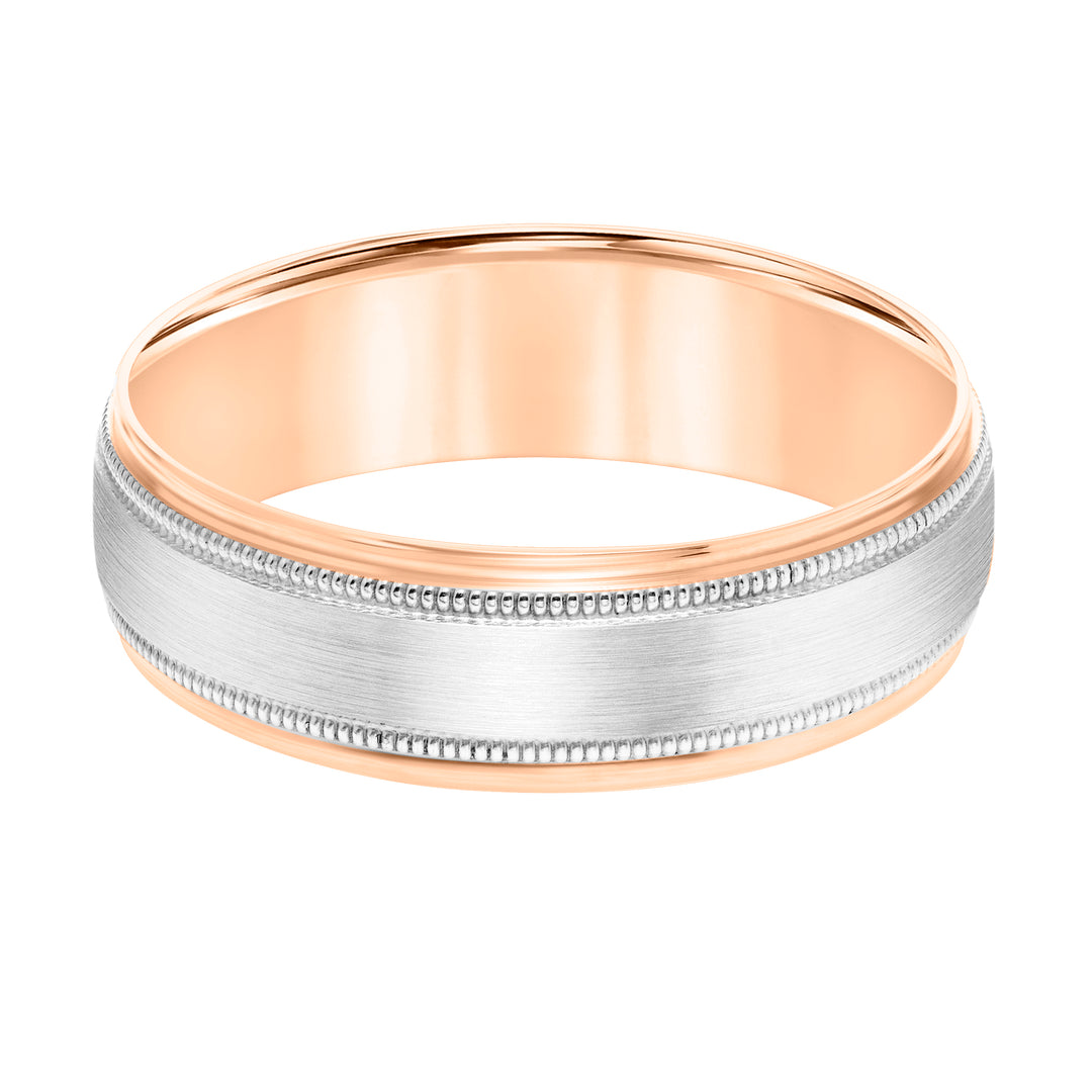 Mens Comfort Fit Wedding Band with Brush Center and Milgrain Accents and Polished Round Edge