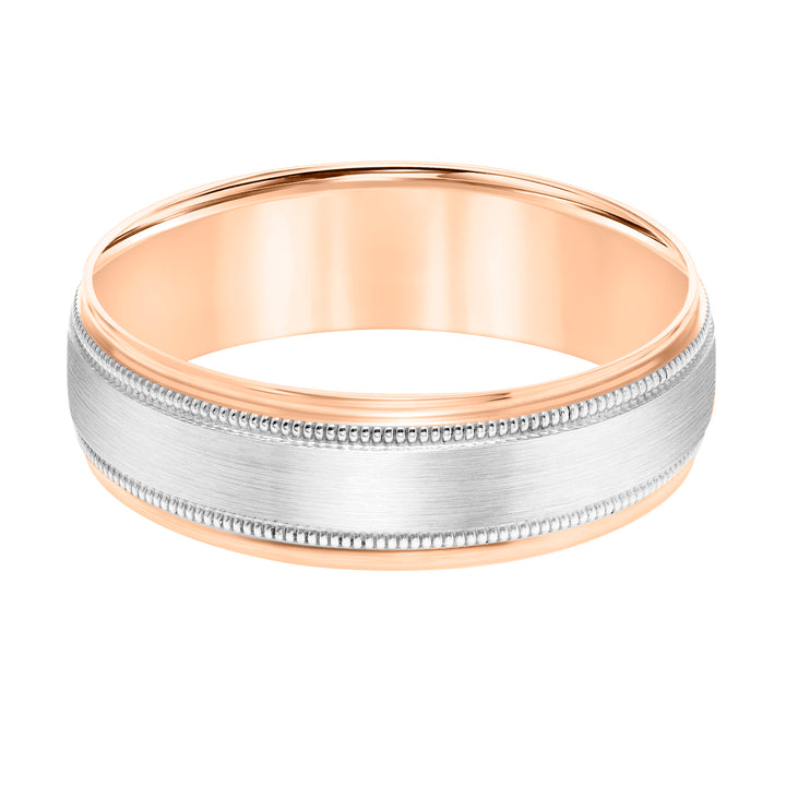 Mens Comfort Fit Wedding Band with Brush Center and Milgrain Accents and Polished Round Edge