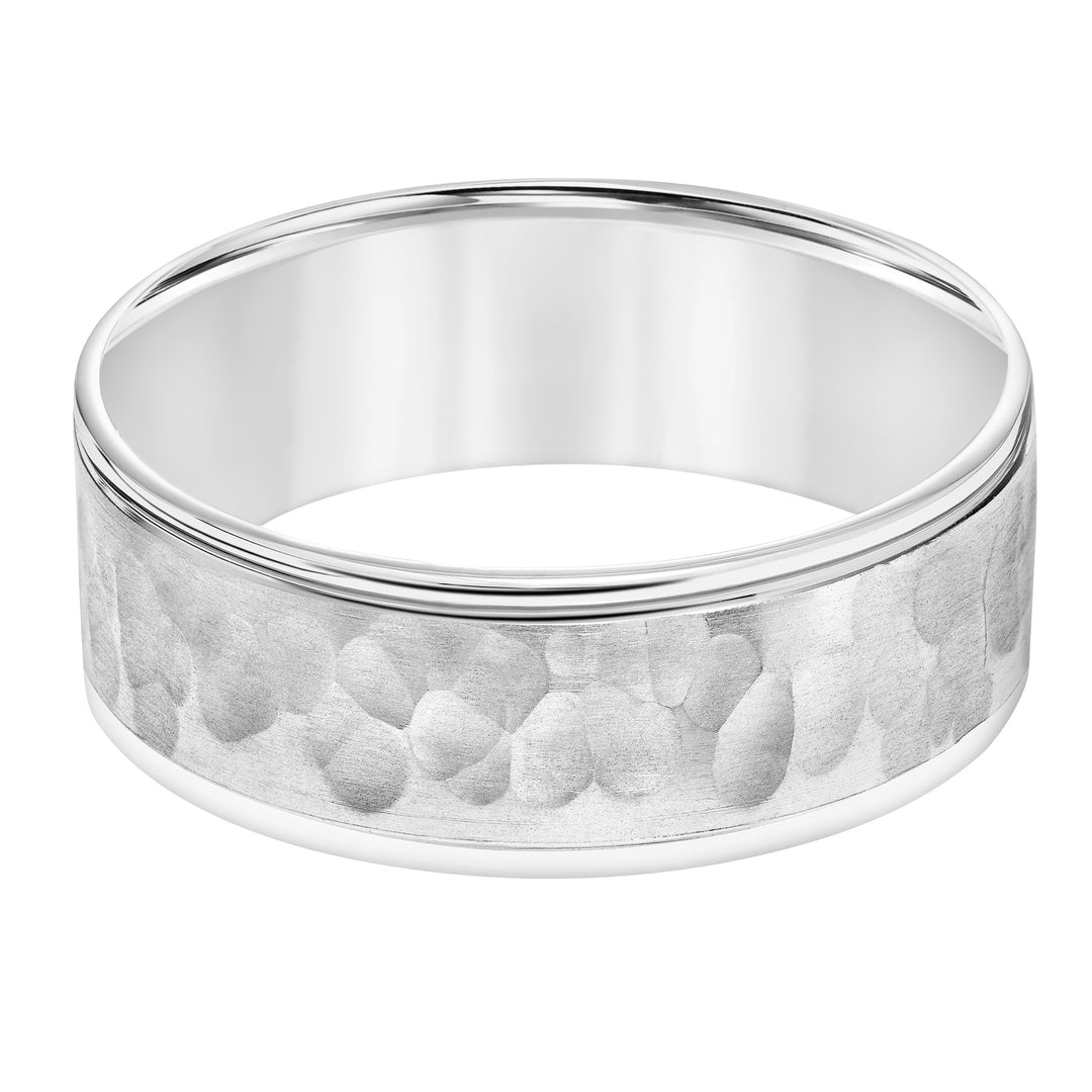 Mens Comfort Fit Wedding Band with Hammered Brush Finish and Polished Round Edge Please note hand hammered styles will have slight variations due to the nature of the manufacturing process