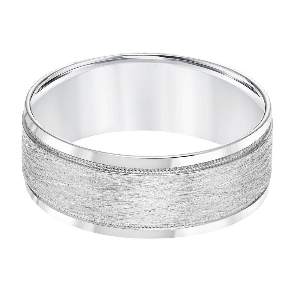 Mens Comfort Fit Wedding band with Wire Finish and Milgrain Accents and Polished Round Edge