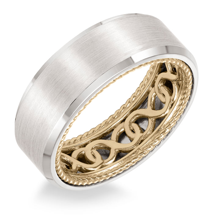 11-WV01A8-G.00 - Goldman - Mens Wedding Band with infinity pattern with rope edge inside and flat profile with bevel edge. Available in multiple white, yellow and rose gold color combinations.